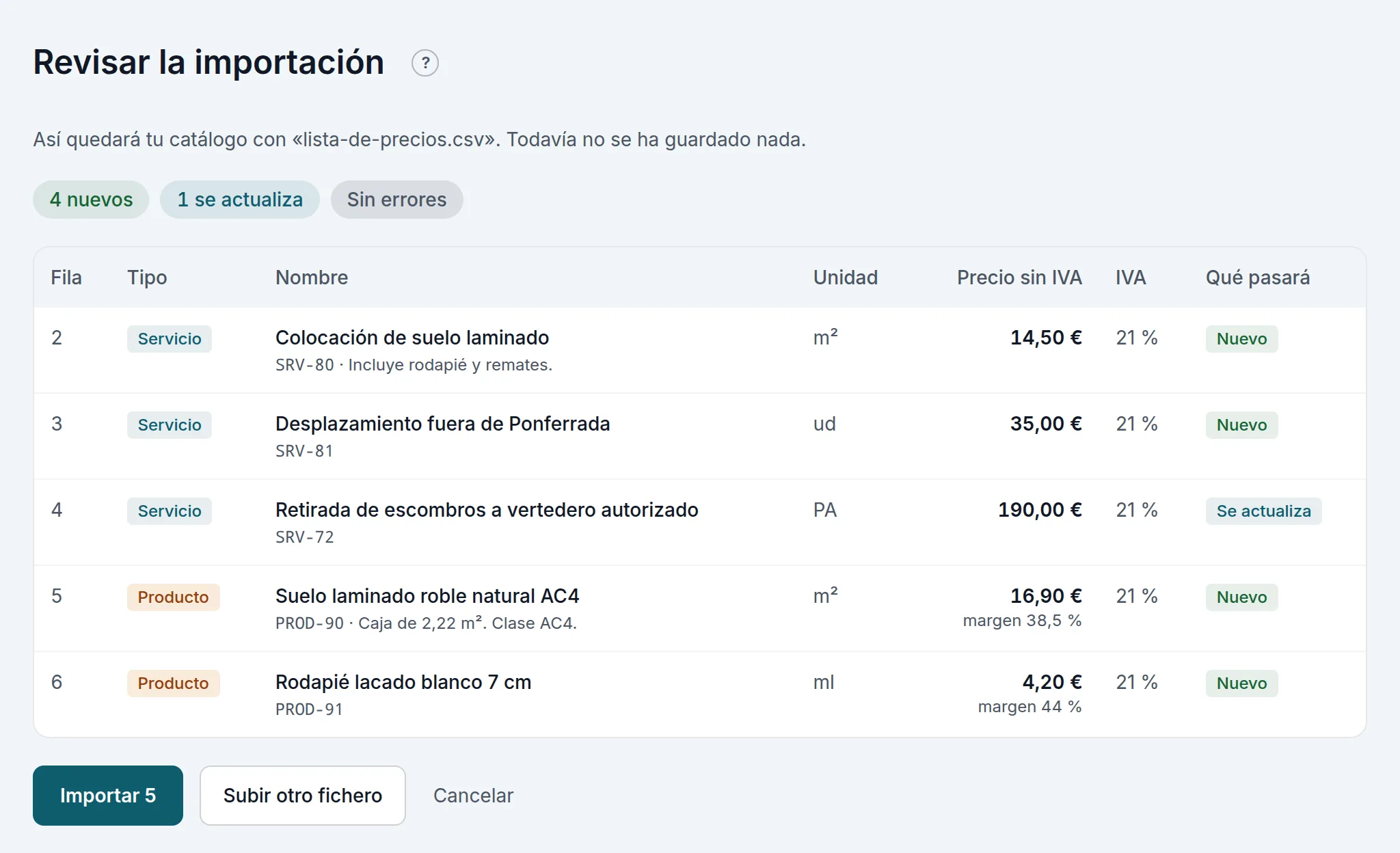 Revisar la importación antes de guardar nada