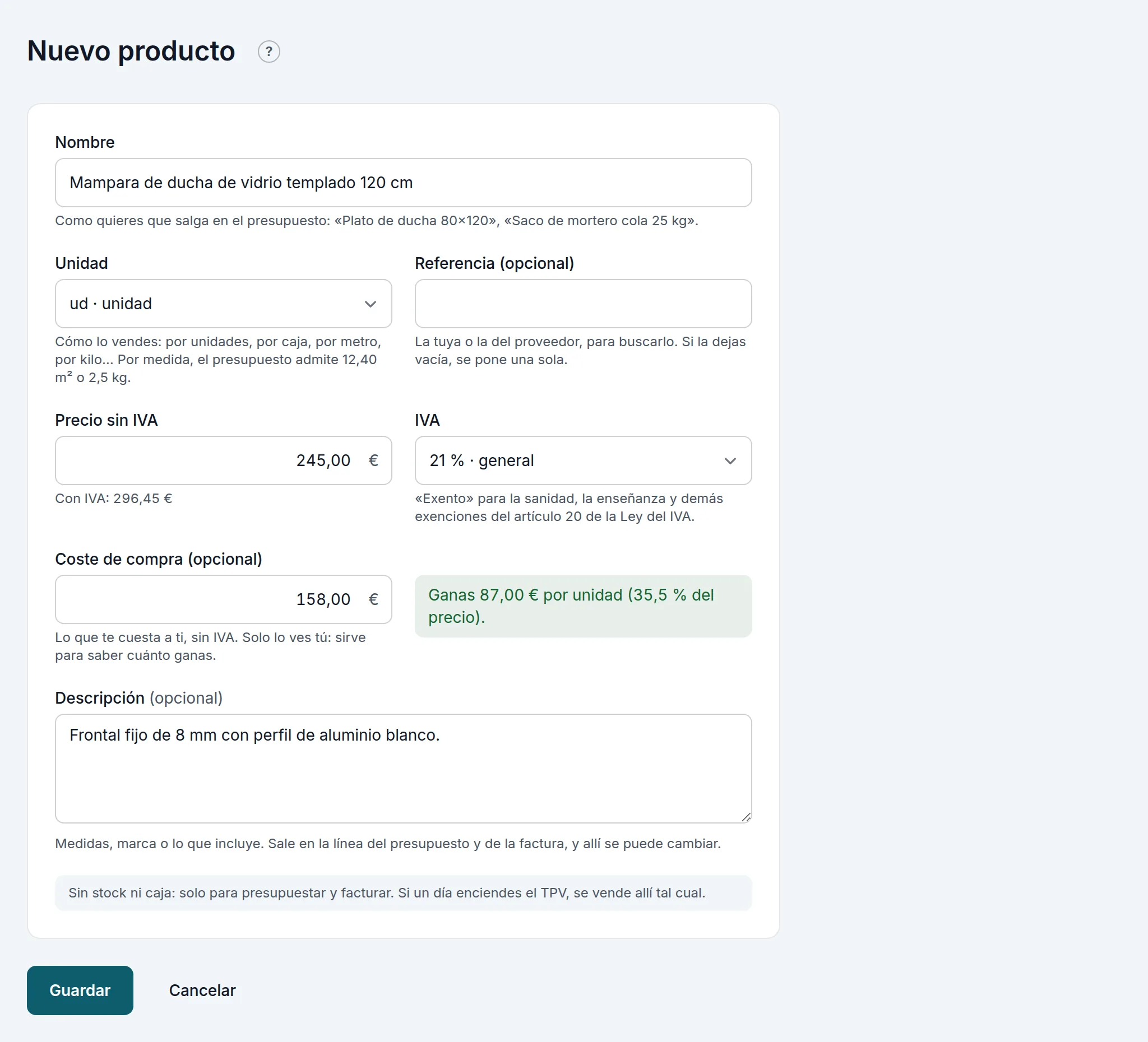 Un producto nuevo, con su coste y lo que ganas en cada uno