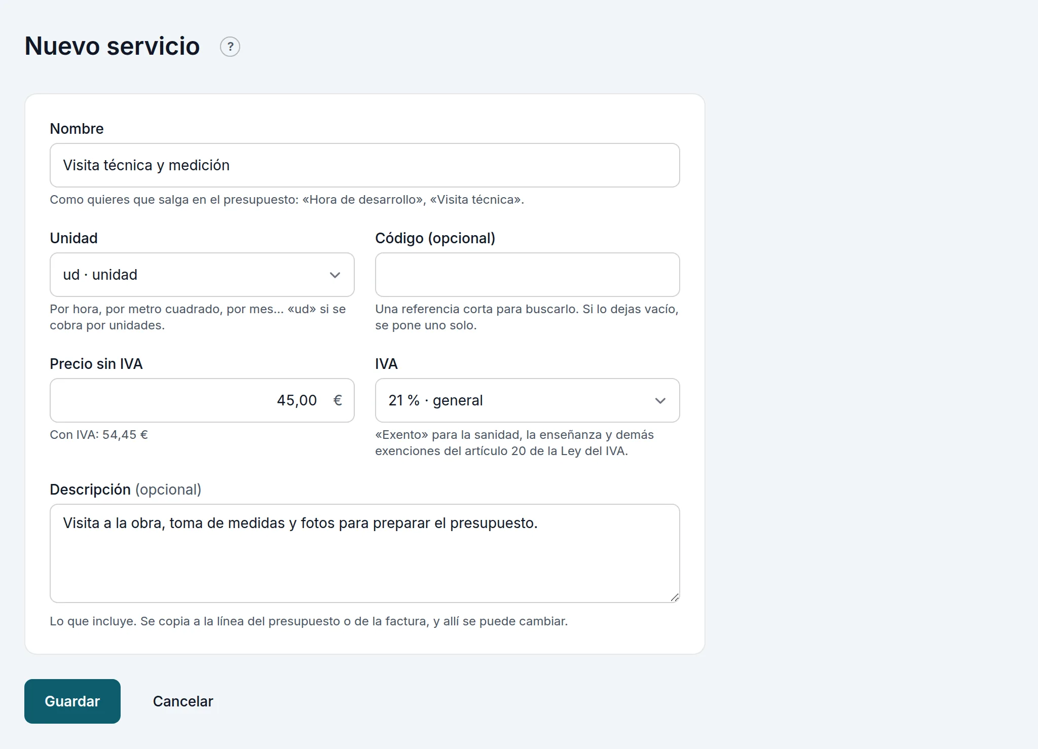 Un servicio nuevo: nombre, descripción, unidad, precio sin IVA e IVA