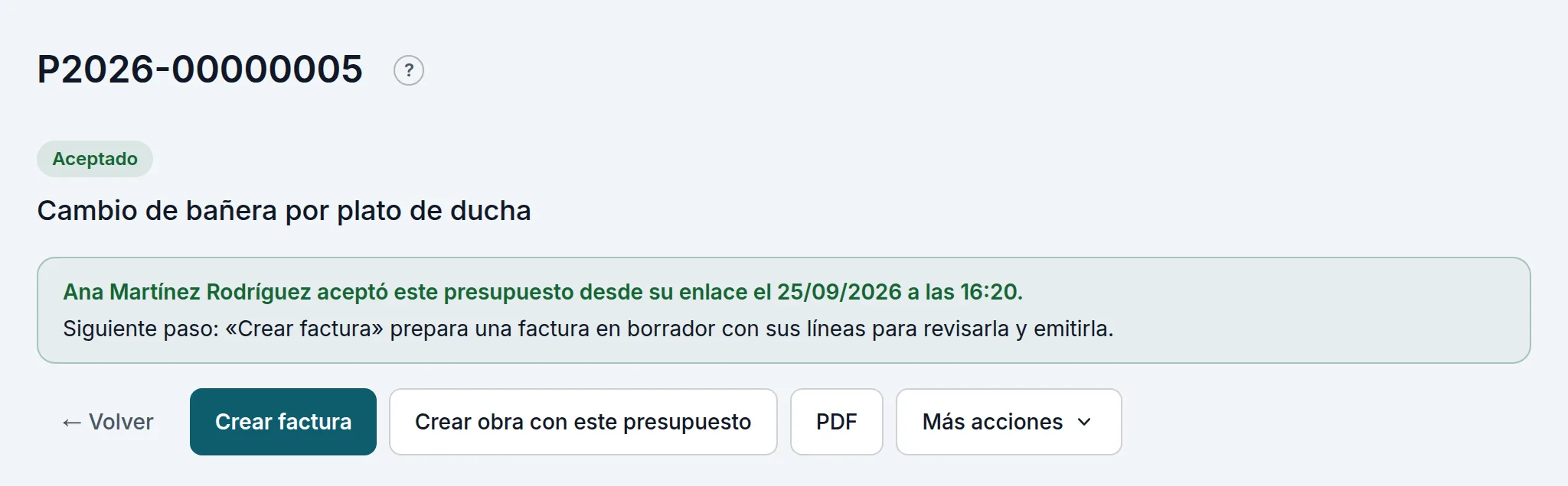 El presupuesto aceptado desde el enlace, con los botones de lo que viene después