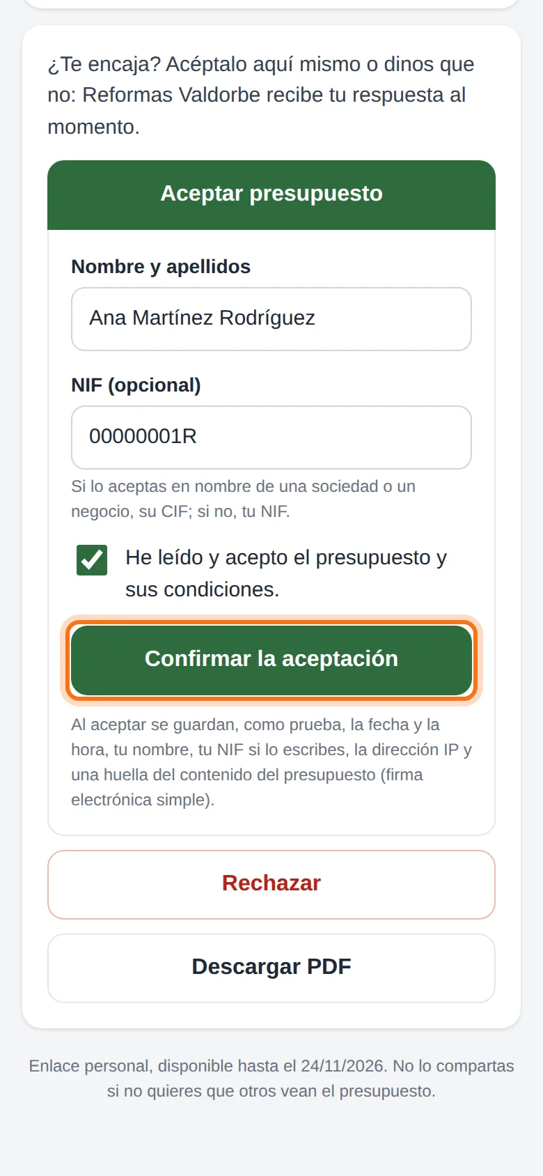 Aceptar: nombre, NIF, la casilla y «Confirmar la aceptación»