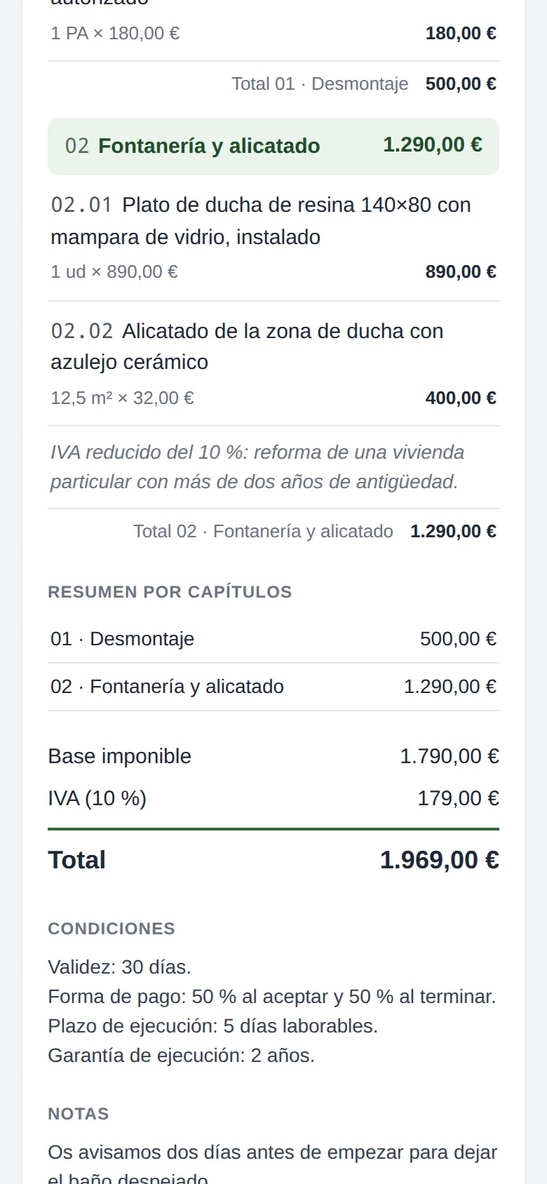 Más abajo: el resumen por capítulos, los totales y las condiciones