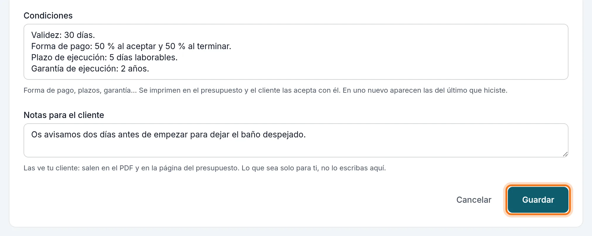 Las condiciones, las notas para el cliente y el botón Guardar