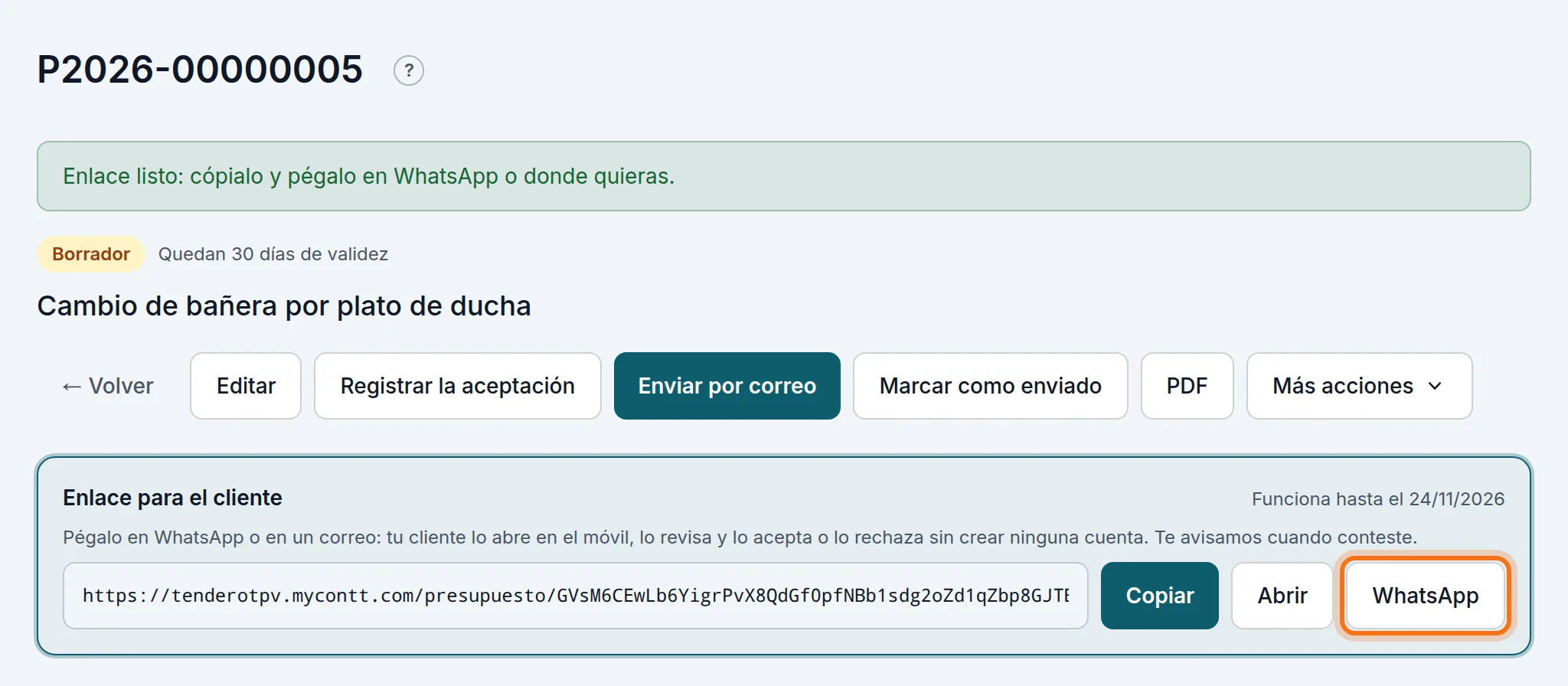 El enlace para el cliente: copiarlo, abrirlo o mandarlo por WhatsApp