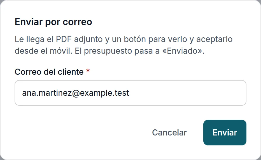 Enviarlo por correo: le llega el PDF y el botón para aceptarlo