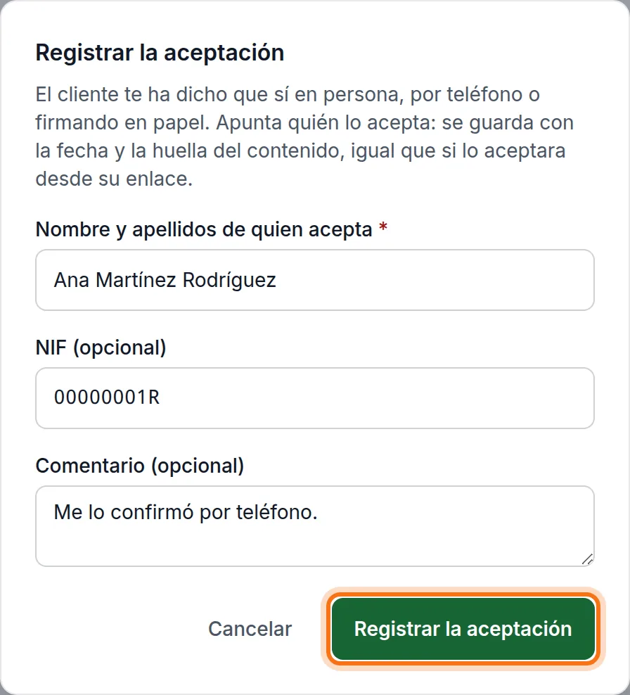 Registrar a mano una aceptación por teléfono
