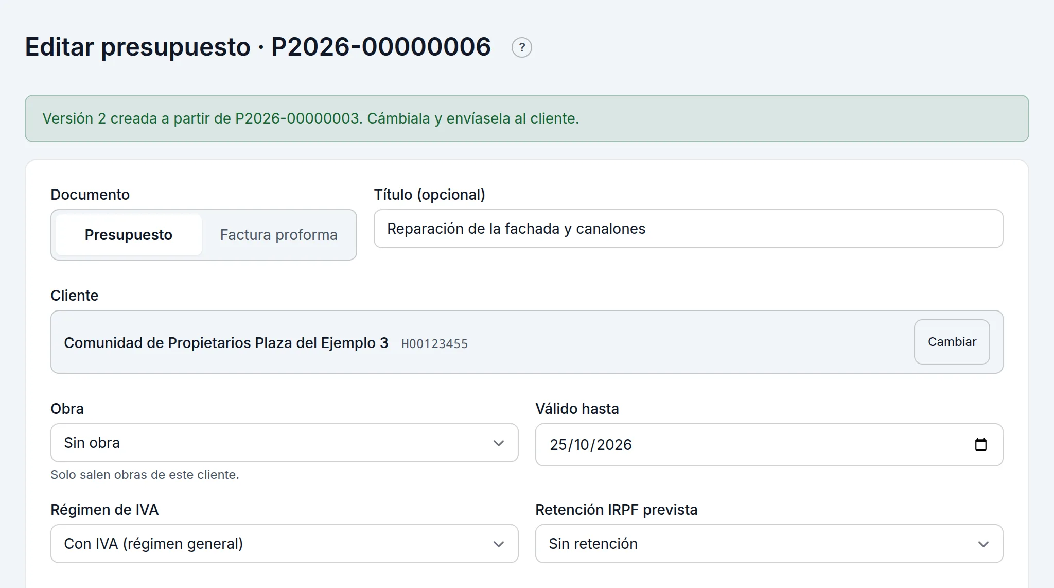 La versión 2 de un presupuesto enviado, lista para cambiarla y mandarla