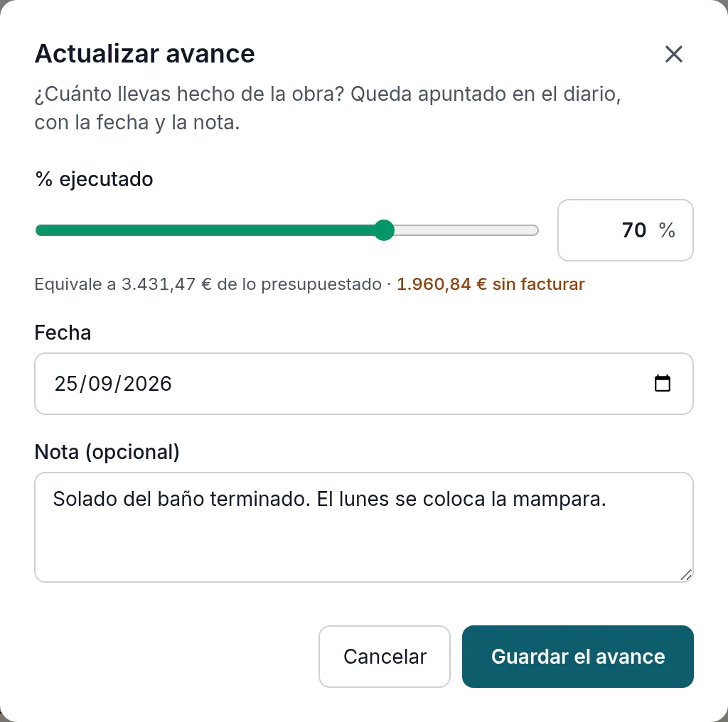 Actualizar el avance: el % ejecutado, la fecha y una nota