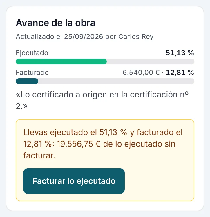 El avance de la obra en el móvil, con «Facturar lo ejecutado»
