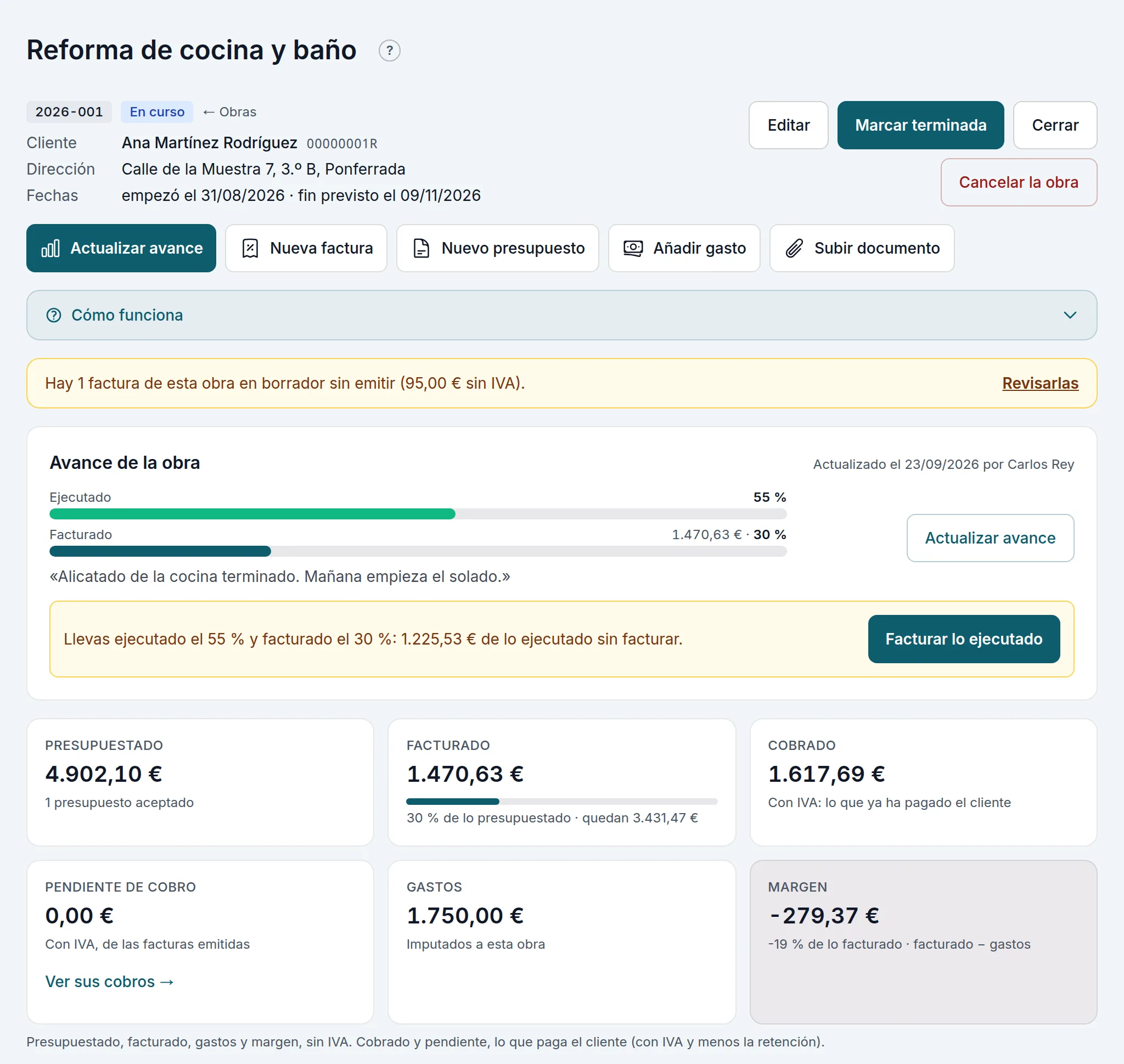 La ficha de una obra: su barra de acciones, el avance y la economía
