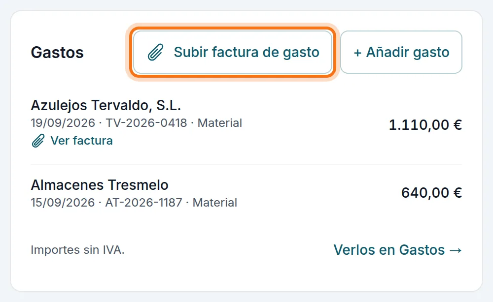 Los gastos de la obra, con «Subir factura de gasto»