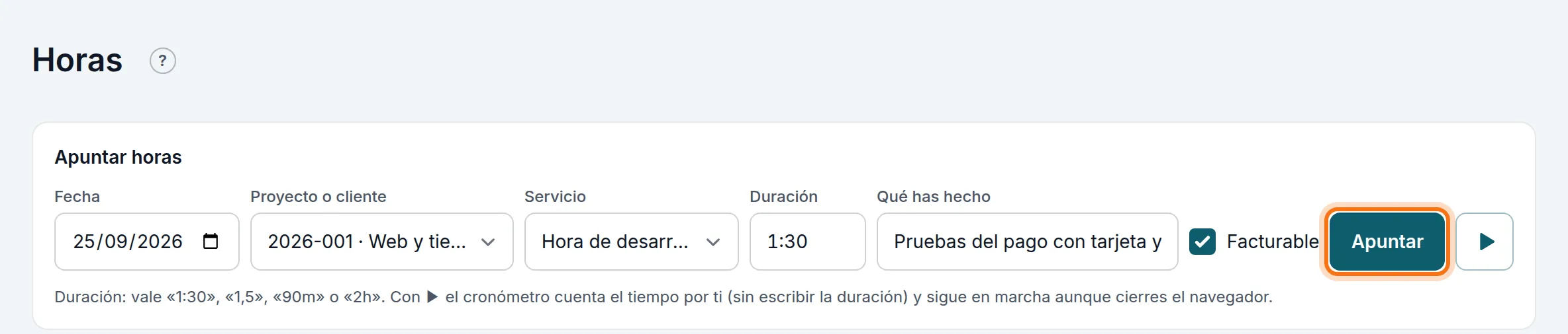 Apuntar un parte de hora y media