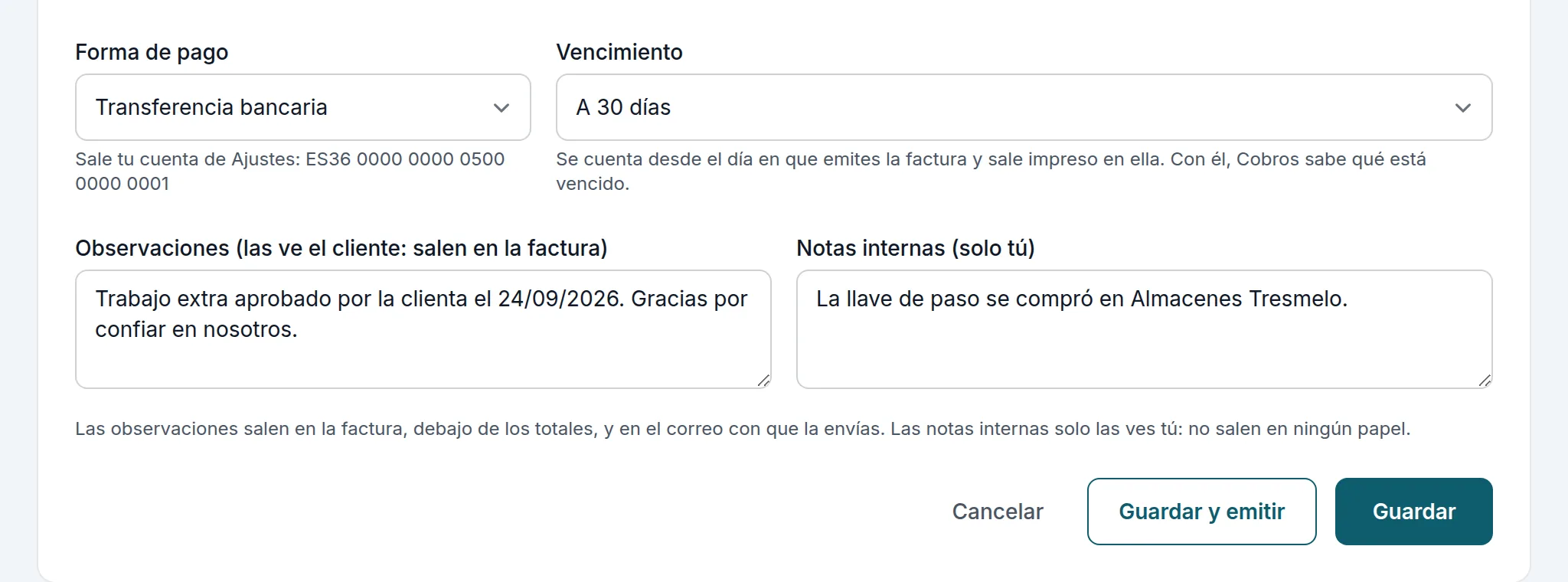 La forma de pago, el vencimiento, las observaciones y las notas internas