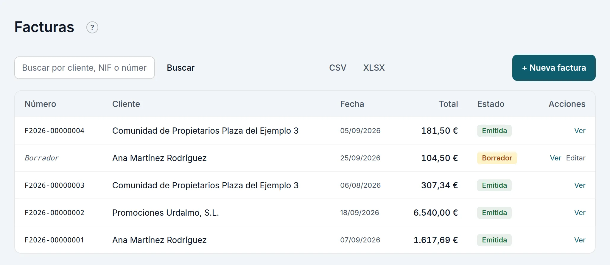 La lista de facturas