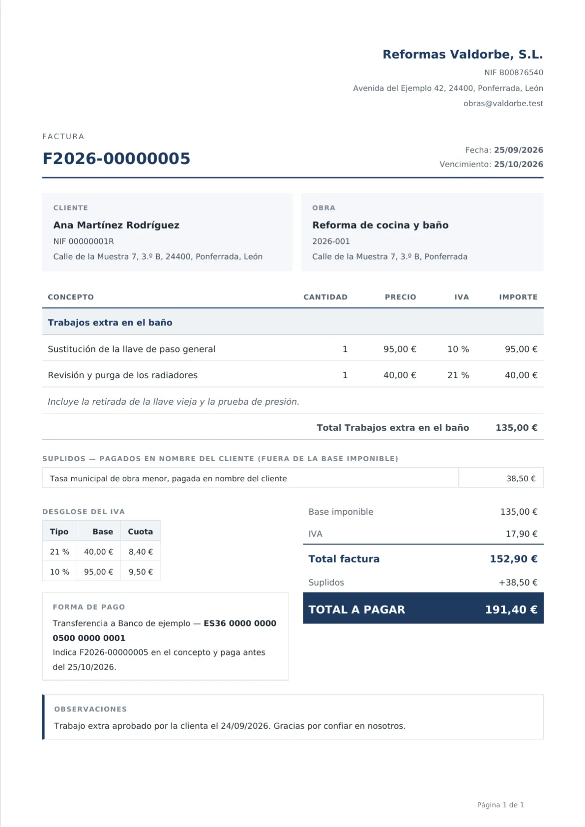 El PDF de la factura, con la forma de pago y las observaciones