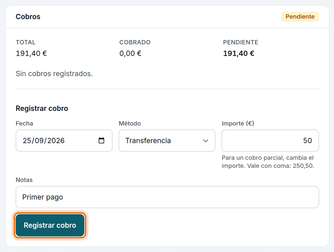Apuntar un cobro en la factura