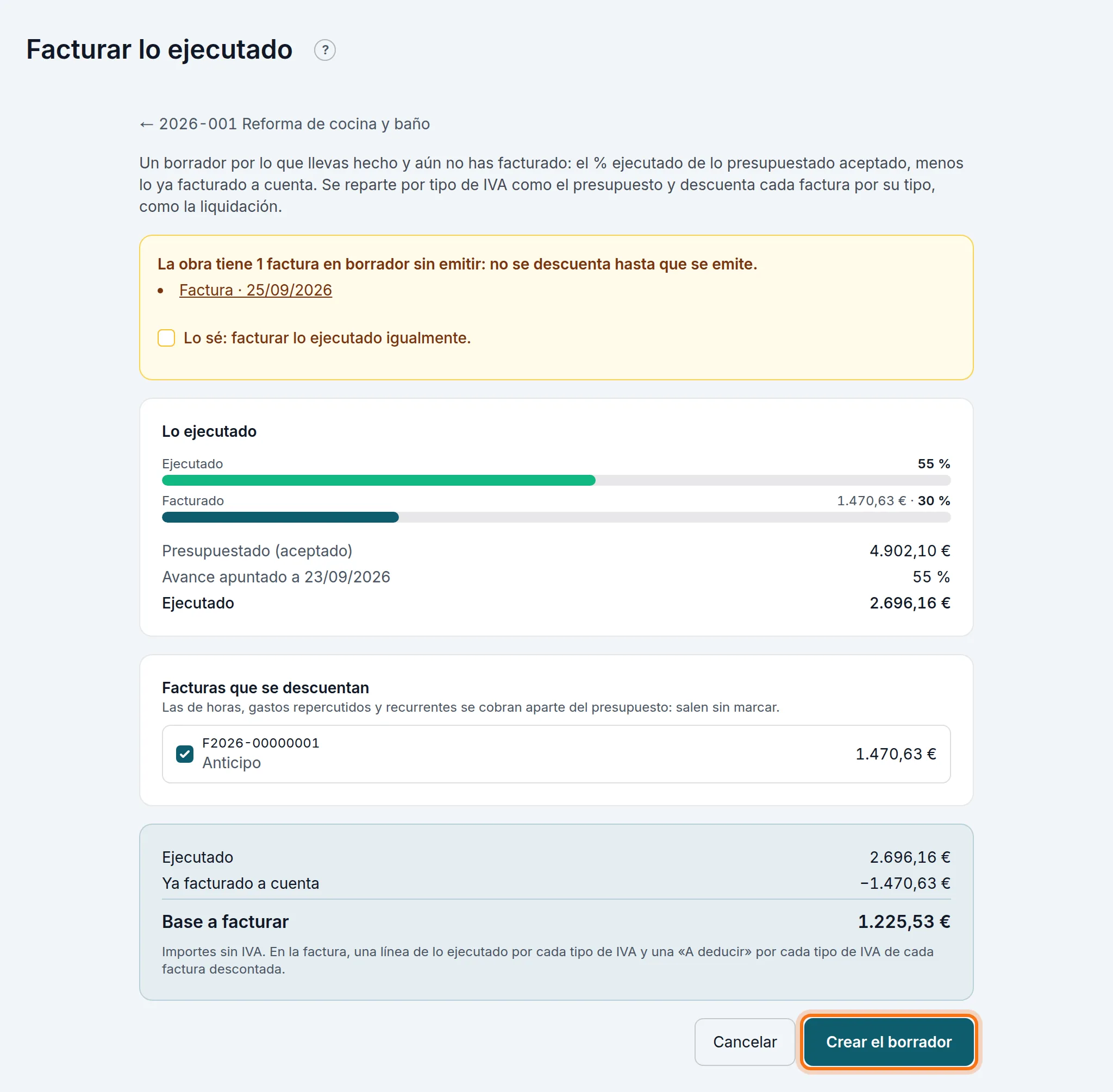 Facturar lo ejecutado: el avance, lo facturado a cuenta y la base a facturar