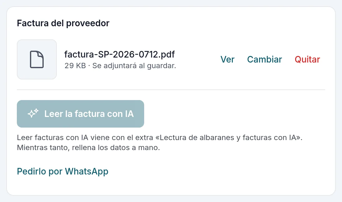 La factura del proveedor, adjunta al gasto nuevo