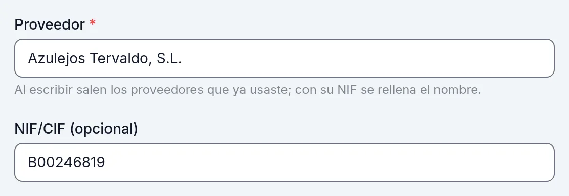 Con el NIF de un proveedor que ya usaste, su nombre sale solo