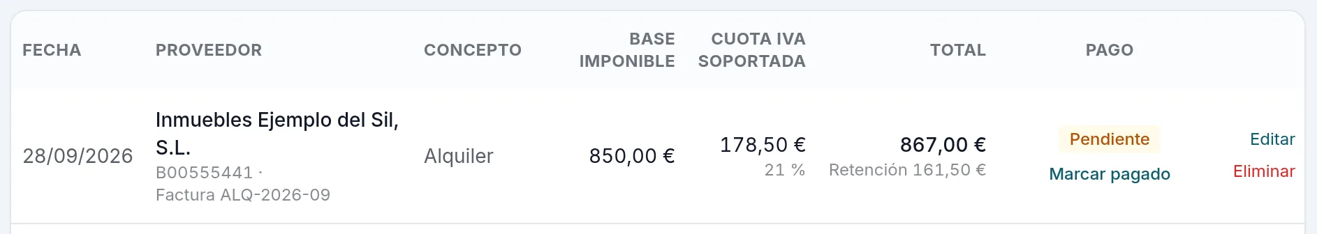 El alquiler en la lista: 867,00 € a pagar y, debajo, la retención de 161,50 €