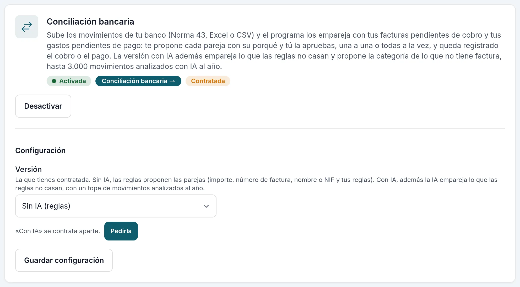 La conciliación contratada sin IA: su versión y, debajo, «“Con IA” se contrata aparte.» con su botón Pedirla