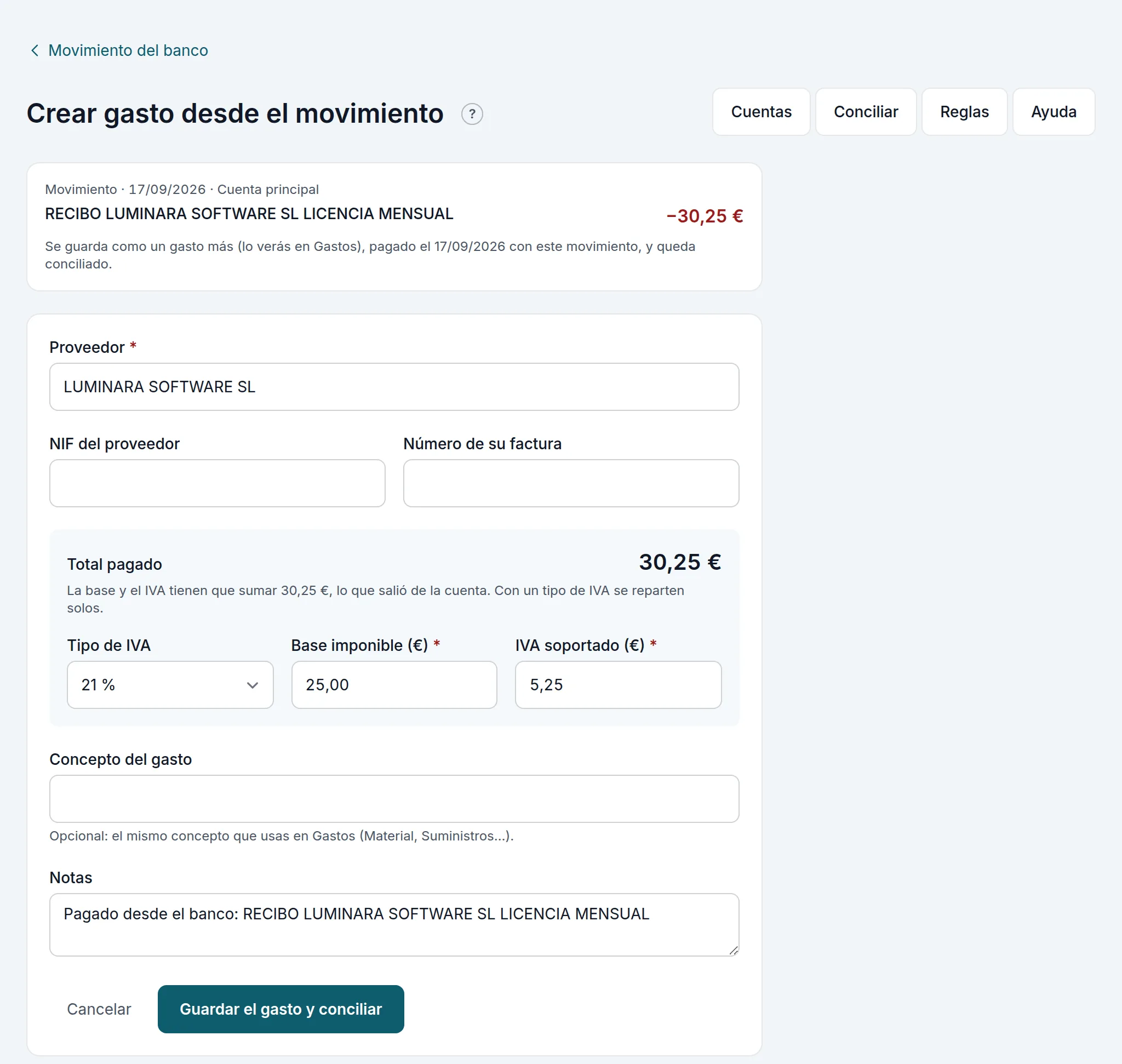 Crear el gasto desde el recibo de un programa