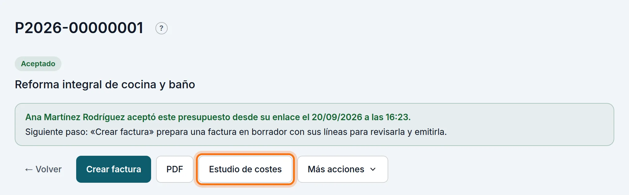 El botón «Estudio de costes» en la ficha del presupuesto