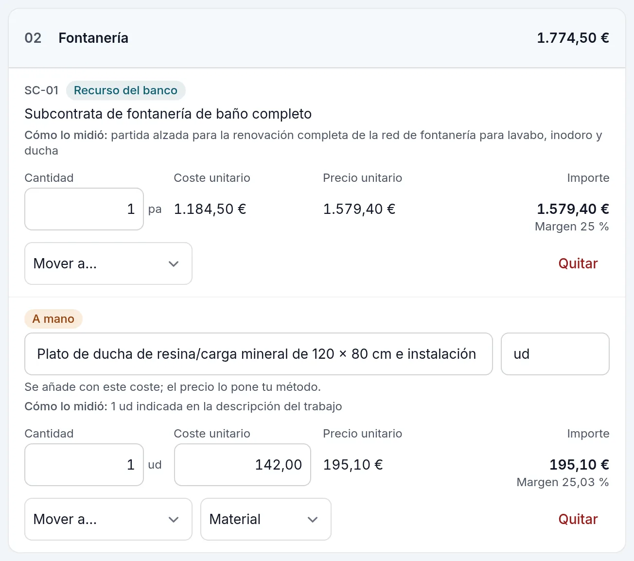 El plato de ducha añadido a mano con lo que cuesta, y pasado a Fontanería