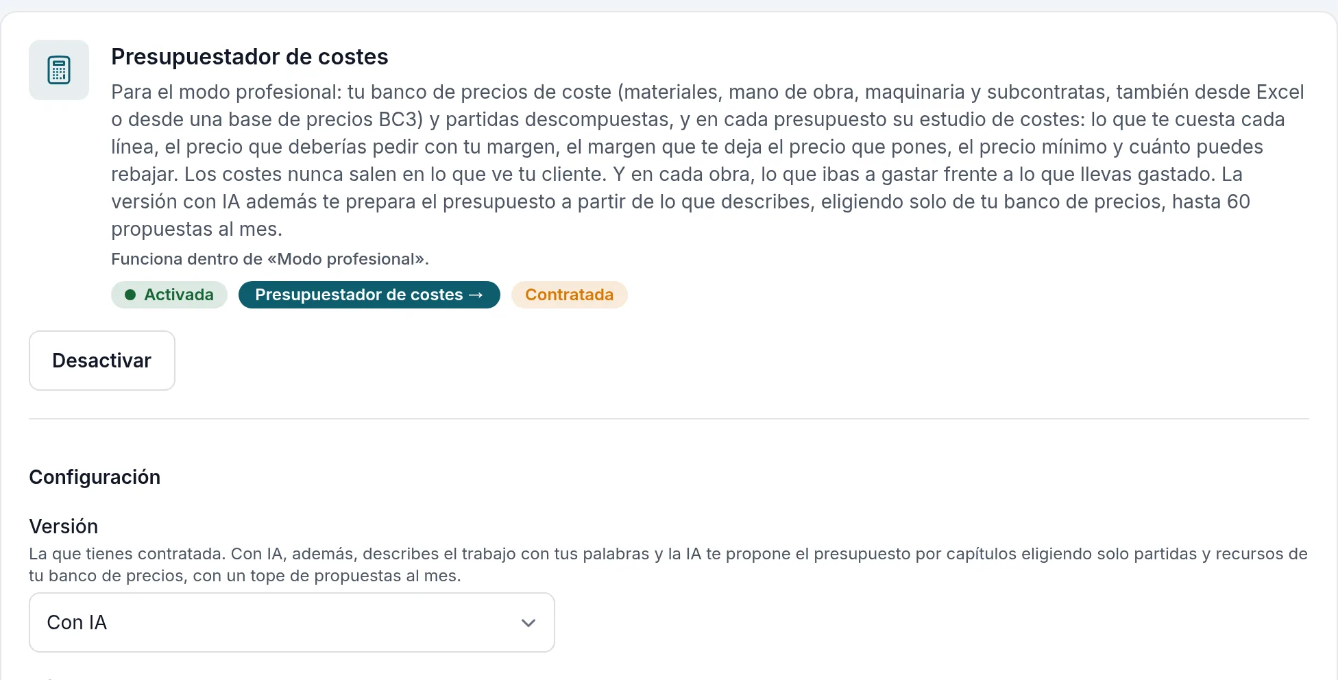 La tarjeta del Presupuestador de costes, con la versión con IA