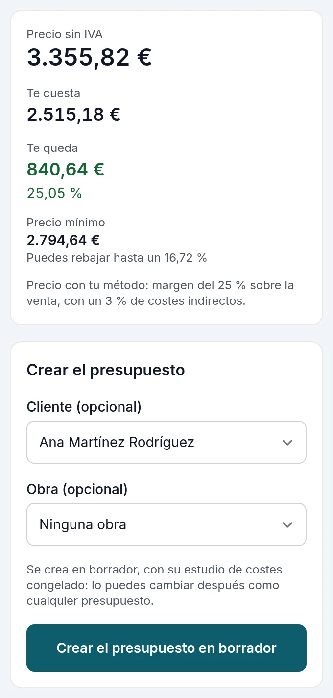 Lo que cuesta y lo que deja, y «Crear el presupuesto en borrador»