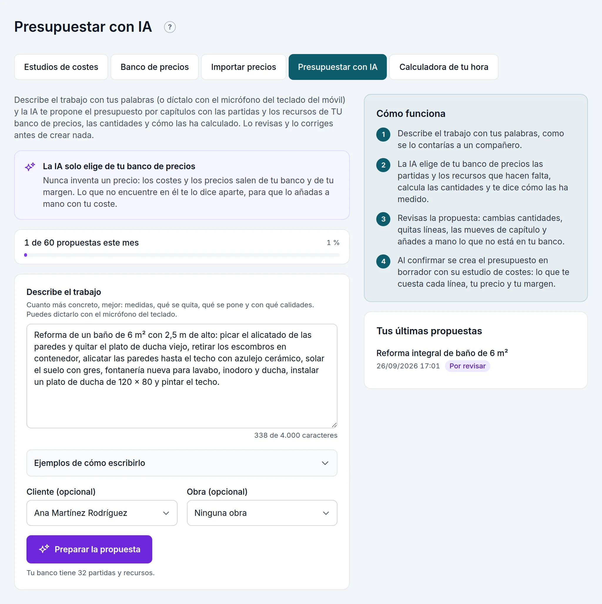 Presupuestar con IA: el trabajo descrito y el cliente elegido