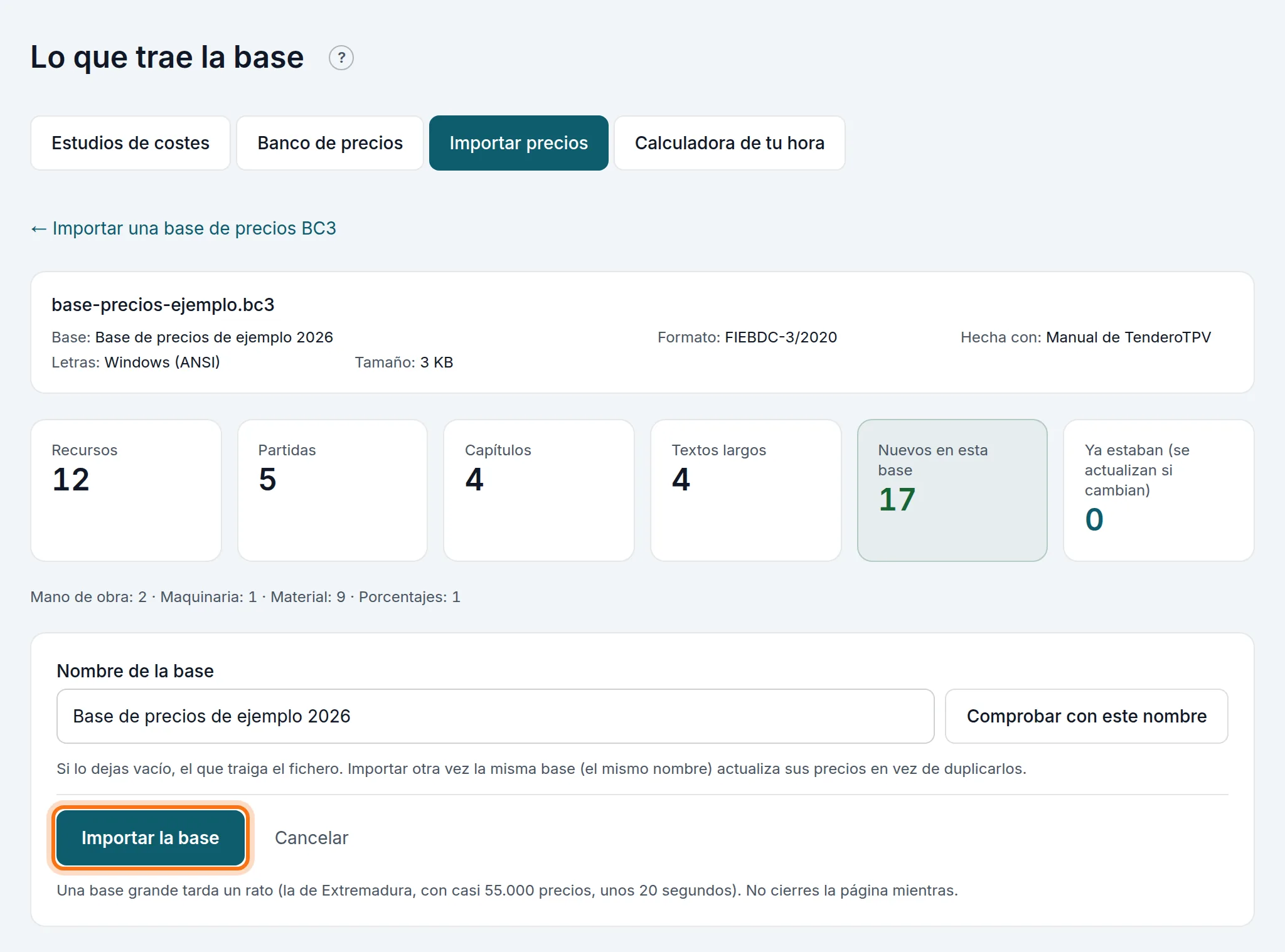 Lo que trae una base BC3 de ejemplo, antes de importarla