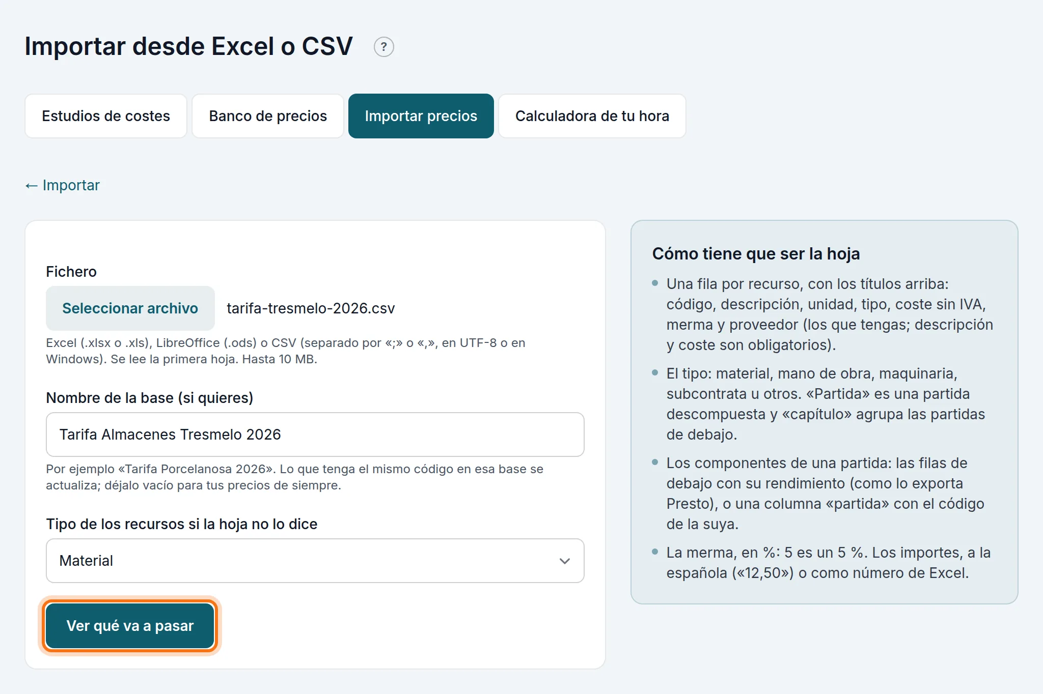 La tarifa de un proveedor: el fichero y el nombre de la base