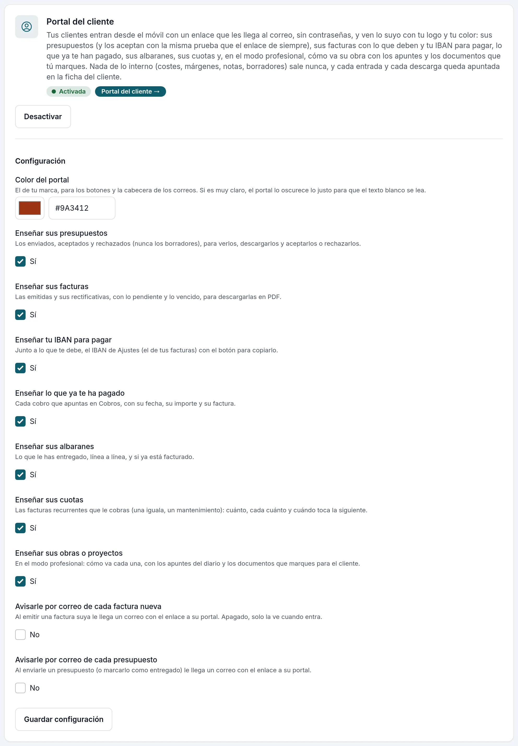 La tarjeta del Portal del cliente: qué se enseña, el color y los avisos por correo