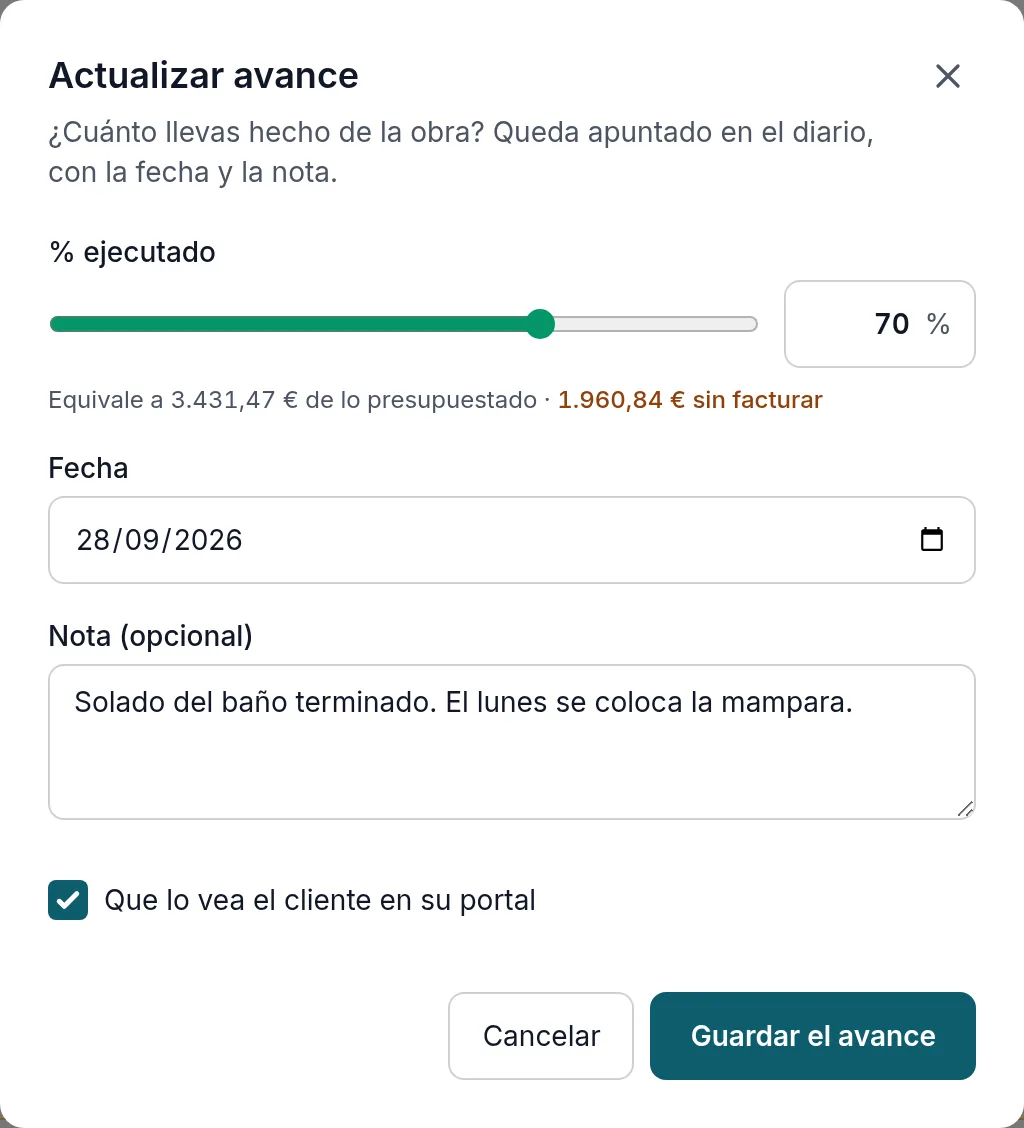 Actualizar el avance con «Que lo vea el cliente en su portal» marcado