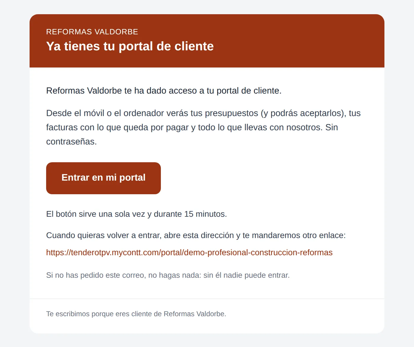 El correo que le llega: «Ya tienes tu portal de cliente», con el botón «Entrar en mi portal»