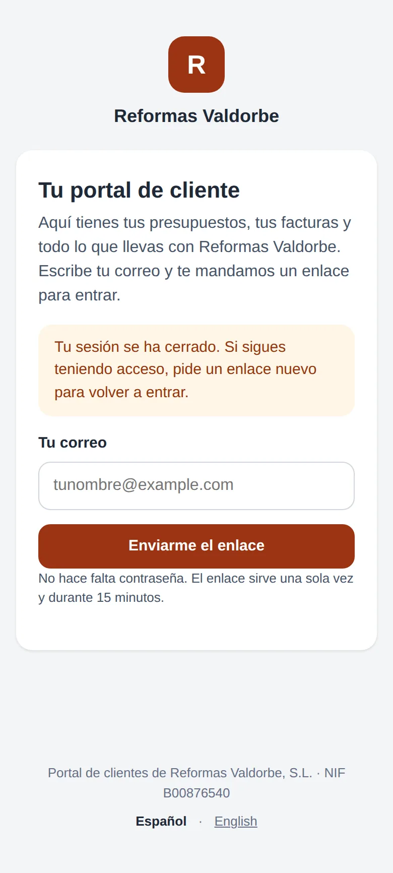 En su siguiente clic, el cliente vuelve a la entrada: «Tu sesión se ha cerrado»