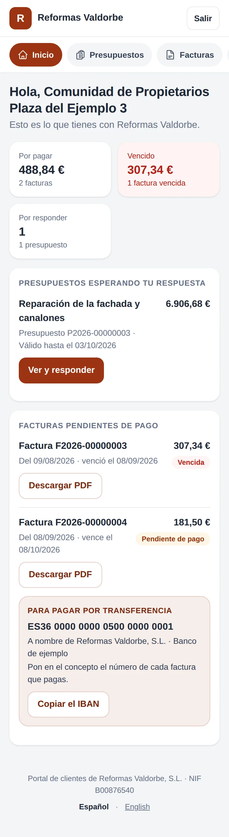 El inicio del portal en el móvil: lo que debe, lo vencido, el presupuesto por responder y el IBAN