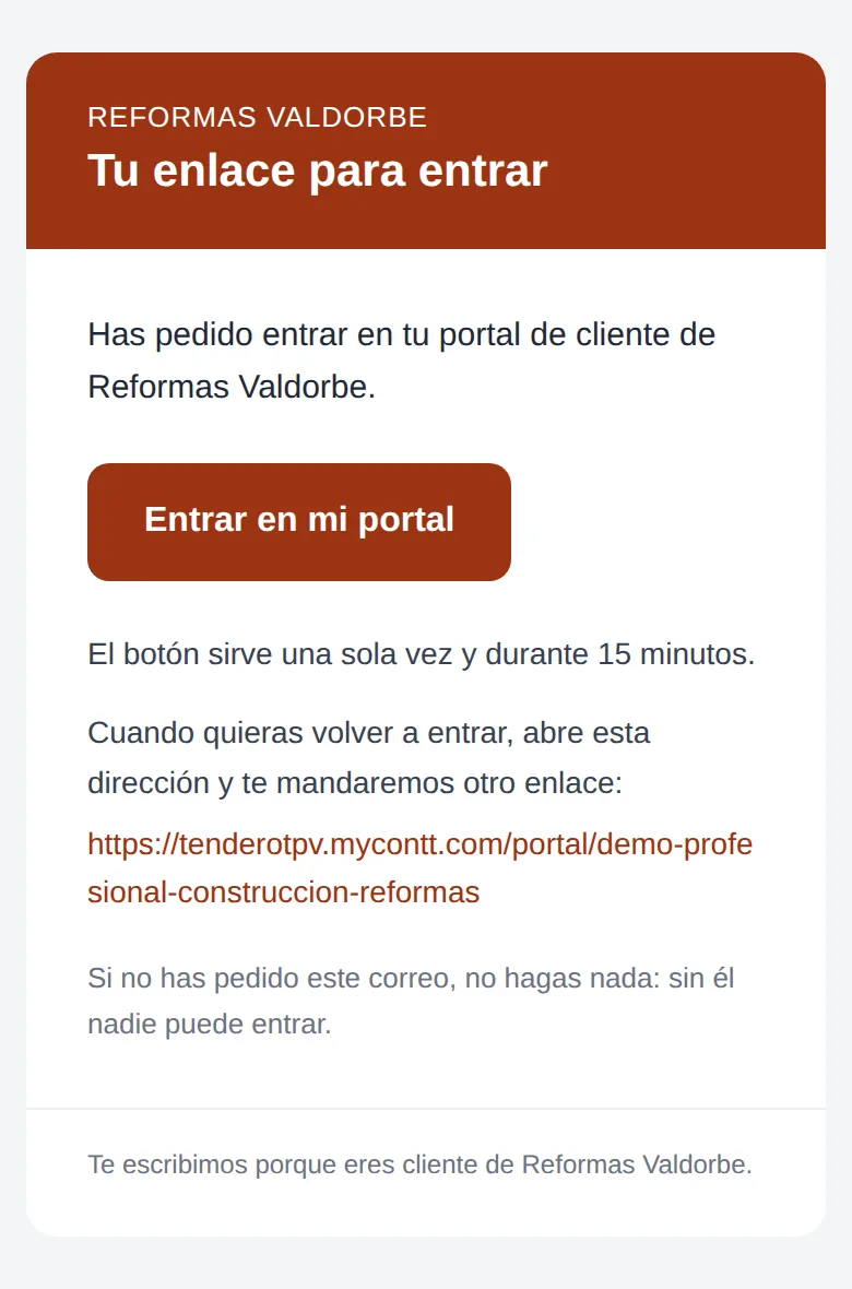 El correo con su enlace para entrar