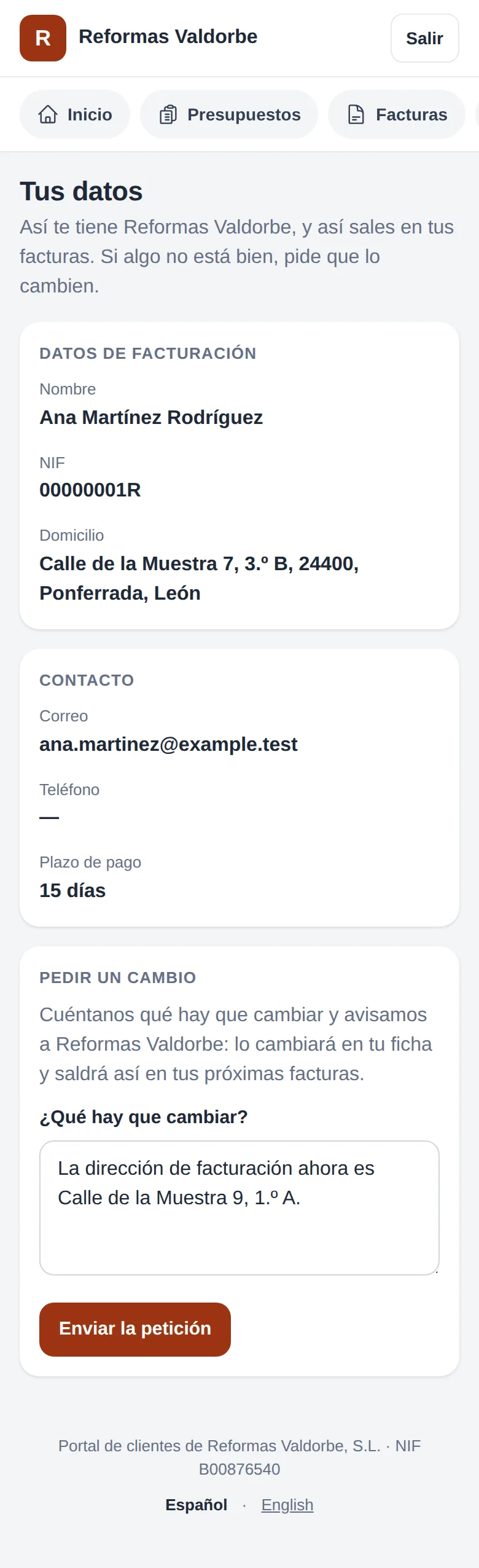 Mis datos, con «Pedir un cambio»