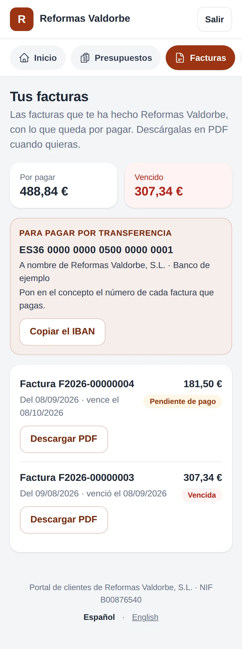 Sus facturas, con lo que queda por pagar y el IBAN