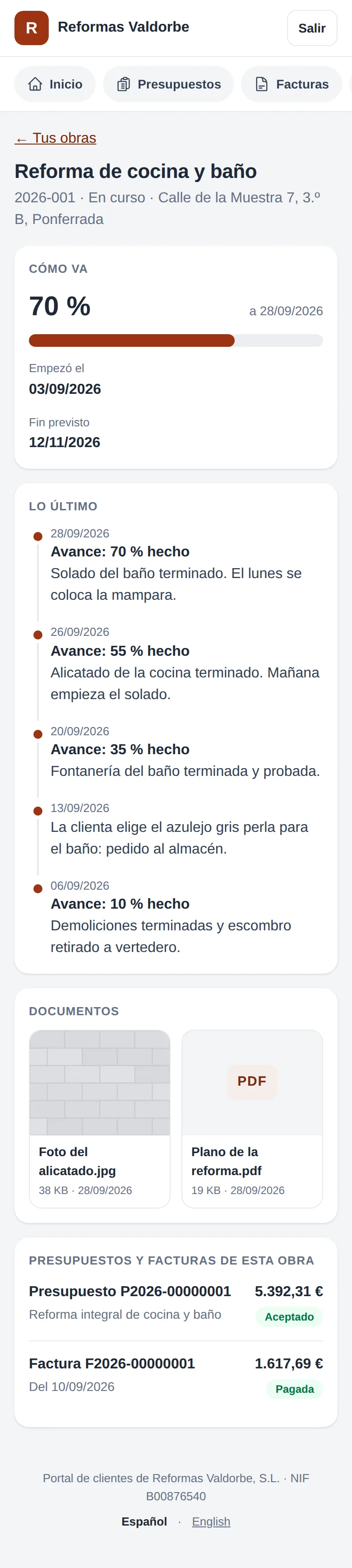 Su obra: cómo va, lo último del diario, los documentos que le has marcado y sus presupuestos y facturas