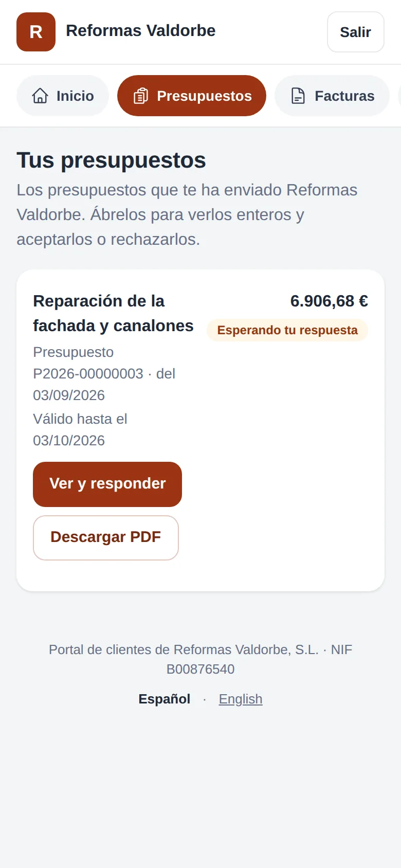 Sus presupuestos: «Ver y responder» y «Descargar PDF»