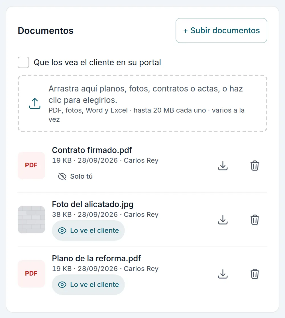 Los documentos de la obra: el plano y la foto, «Lo ve el cliente»; el contrato, «Solo tú»