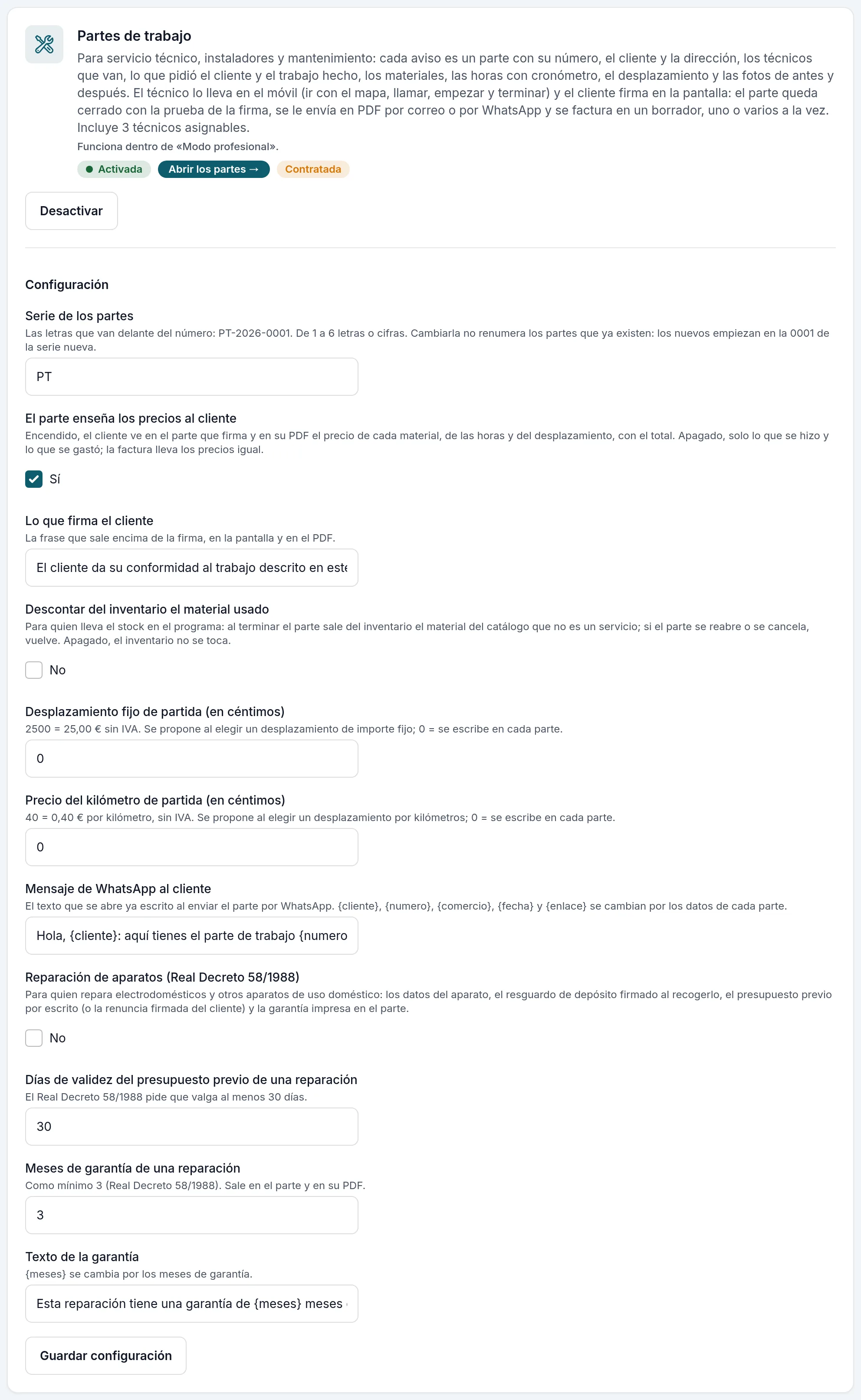 La tarjeta de los Partes de trabajo, con su configuración