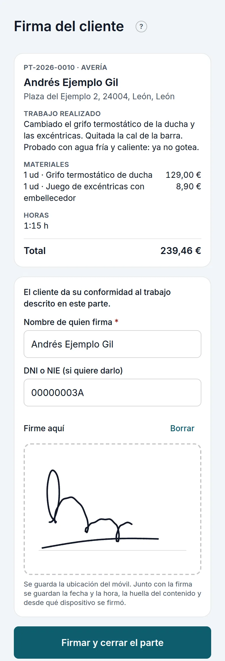 La firma del cliente en el móvil del técnico