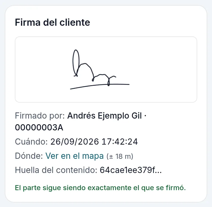 La firma y su prueba en la ficha del parte