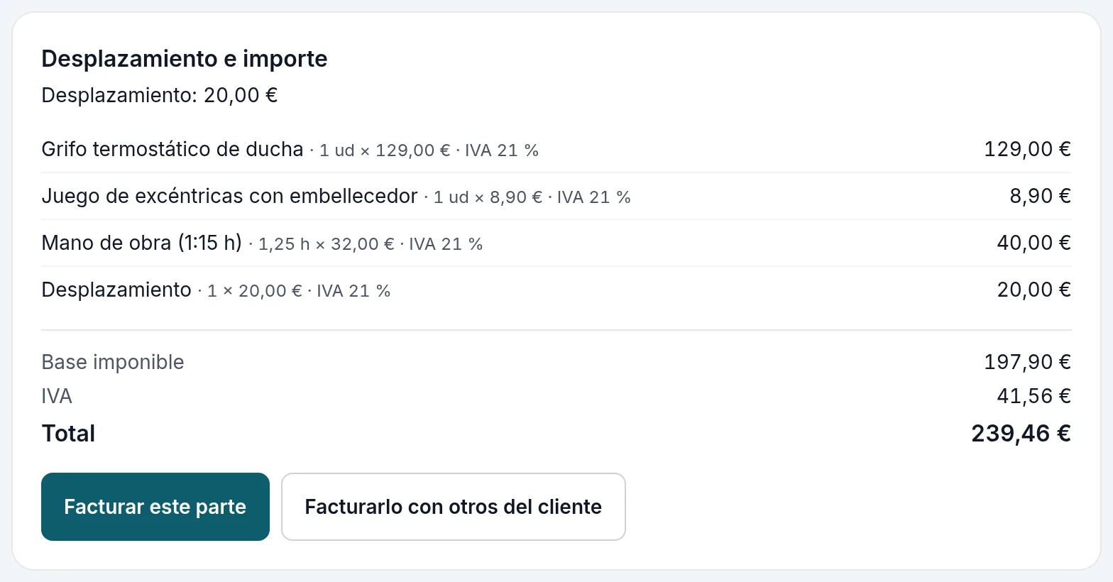 Desplazamiento e importe, con los dos botones para facturar