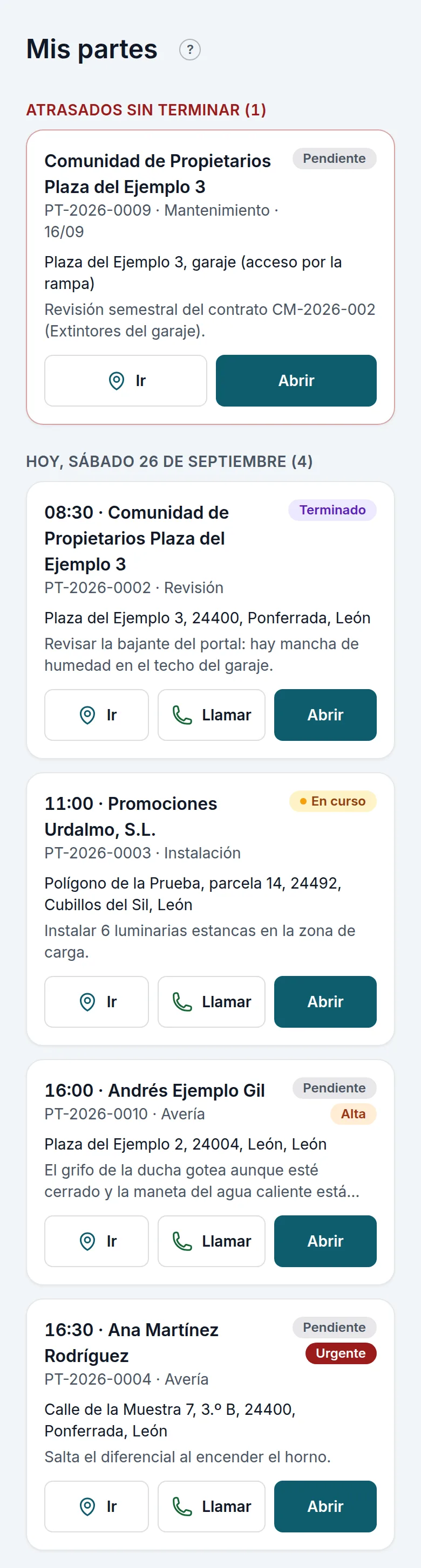 «Mis partes» en el móvil del técnico: la visita atrasada y los de hoy