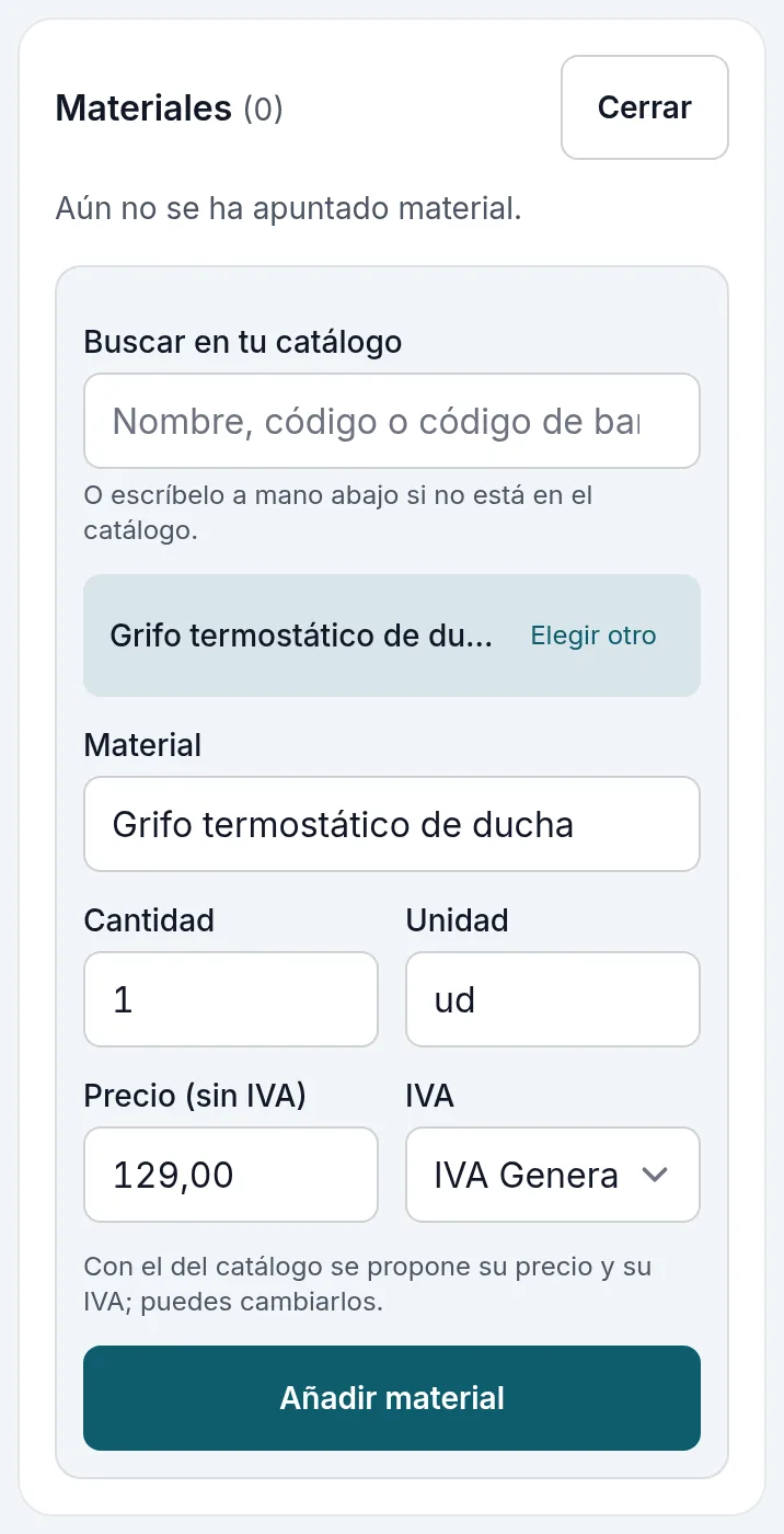Un material del catálogo, con su precio y su IVA propuestos